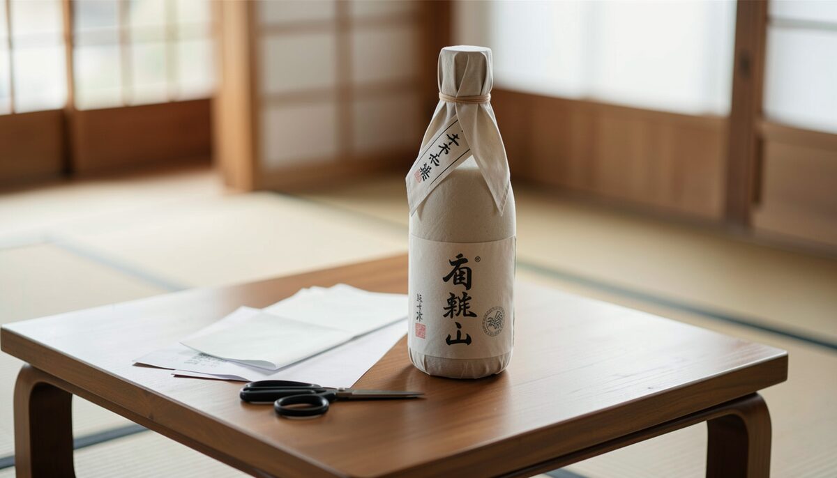 布で包まれた酒瓶と折り紙、はさみが低いテーブルに置かれている。 説明用画像、AIで生成。
