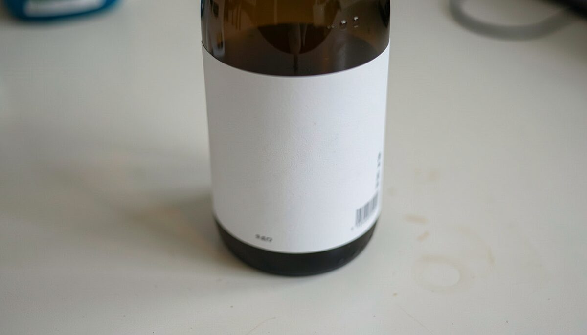 A close view of a paper sake label and bottle shoulder on a plain counter. Illustrative image, generated with AI.
