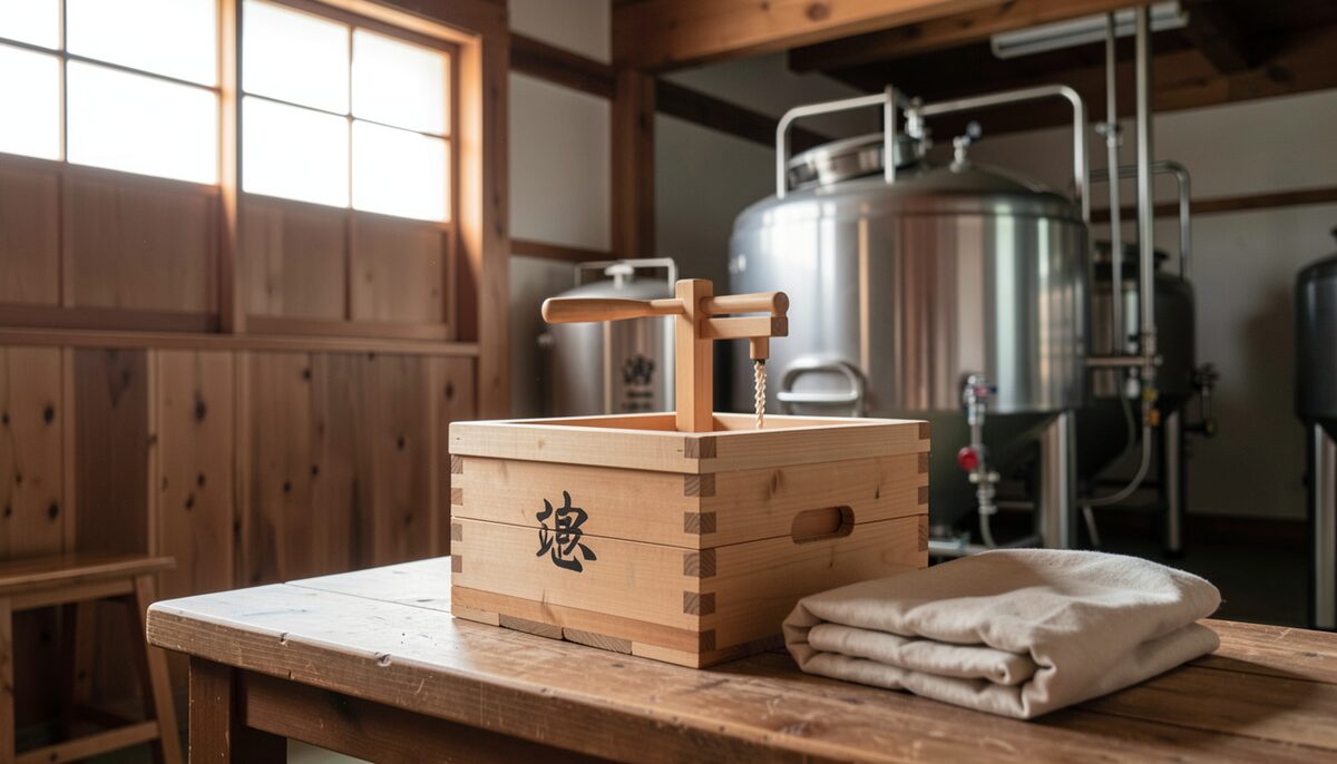 Wooden sake pressing box with cloth bags in a brewery, illustrative image, generated with AI.