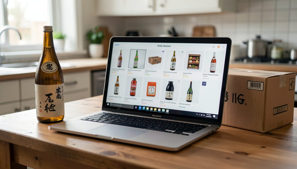 キッチンテーブルのノートパソコンに映る商品一覧と、隣に置かれた日本酒の瓶と配送箱。イメージ画像(AIで生成)。