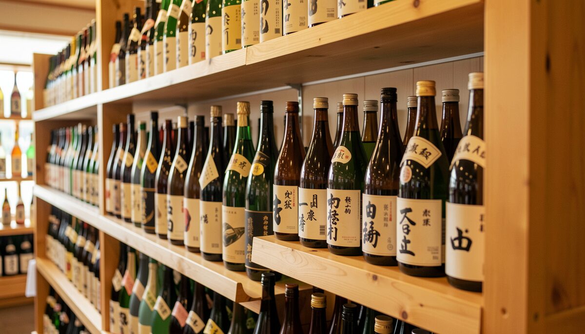 A wooden shelf holding rows of sake bottles of different sizes, seen from a slight angle in warm shop light. イラスト画像、AIで生成。