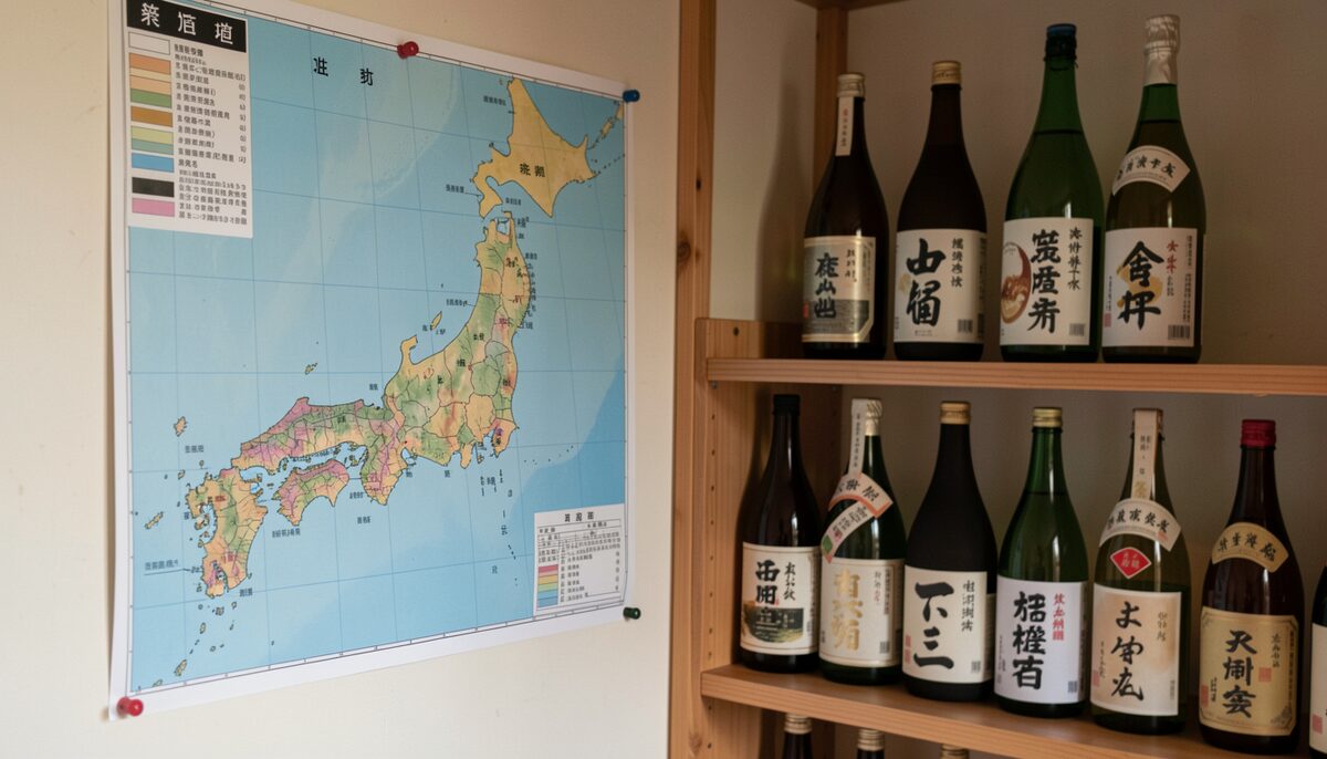 壁に貼られた日本地図と酒瓶の棚を斜めから見た様子。この画像はAIで生成されたイメージです。