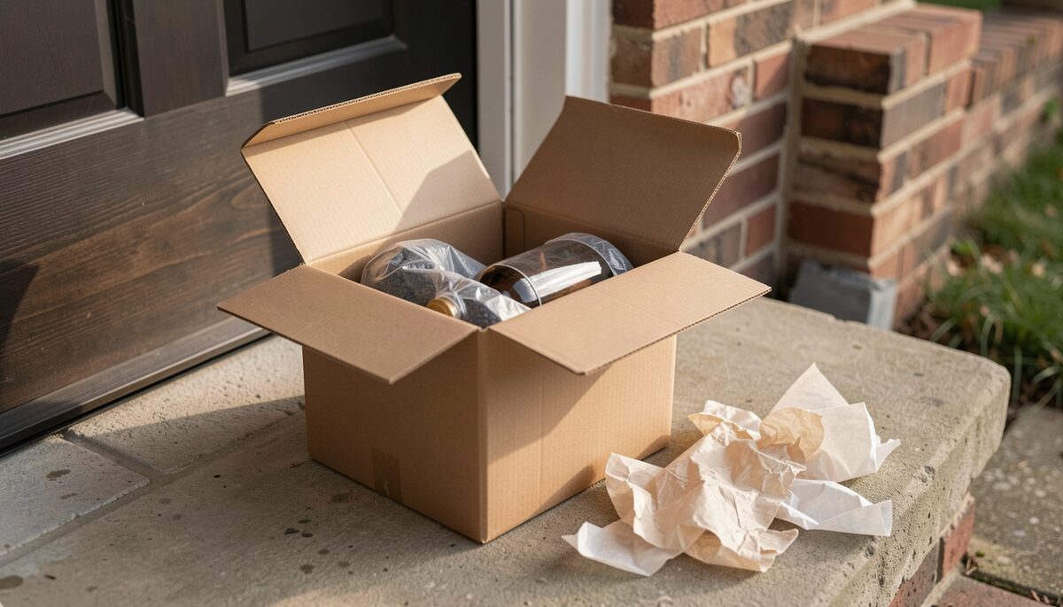 A parcel box open on a doorstep with a padded bottle inside and packing paper scattered nearby. イメージ画像、AIで生成。