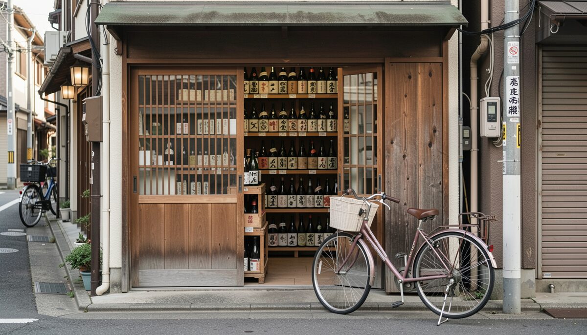 A narrow neighbourhood liquor shop entrance in Japan with sake bottles visible through the open door and a bicycle parked outside. 説明用の画像です。AIで生成しました。