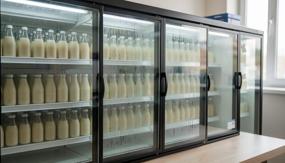 冷えた陳列ケースと淡い色の瓶が並ぶ店内の様子。イメージ画像、AI生成。