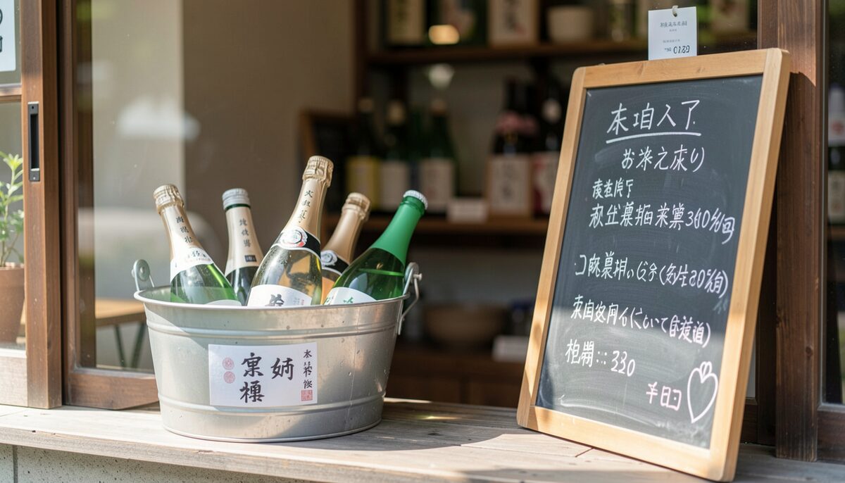 夏の店頭で冷やされた日本酒の瓶。イメージ画像、AIで生成。