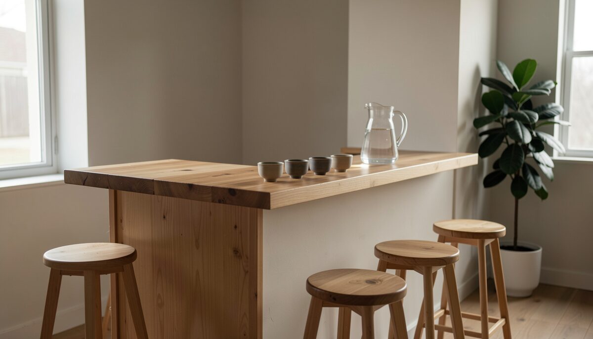A small tasting counter with several small cups and a water pitcher, empty stools and a quiet room. 説明用の画像、AIで生成。